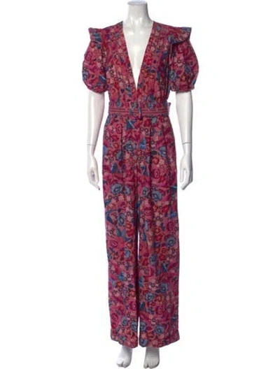 Pre-owned Farm Rio Floral Print V-neck Jumpsuit In Pink