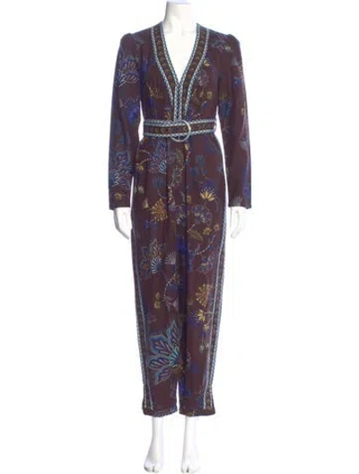 Pre-owned Farm Rio Floral Print V-neck Jumpsuit In Purple