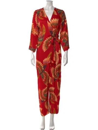 Pre-owned Farm Rio Floral Print V-neck Jumpsuit In Red