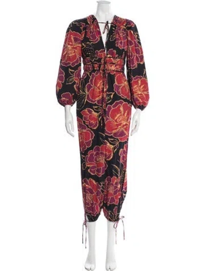 Pre-owned Farm Rio Floral Print V-neck Jumpsuit In Red