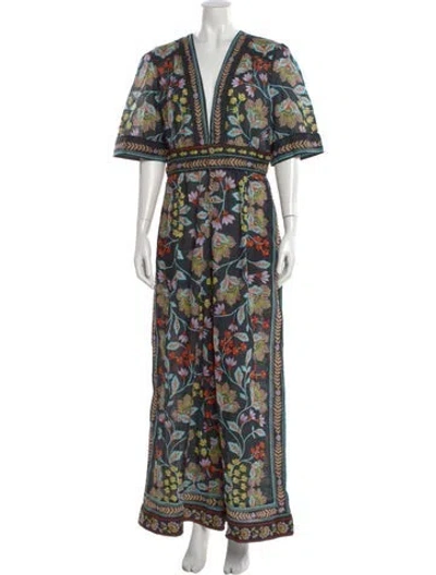Pre-owned Farm Rio Floral Print V-neck Jumpsuit W/ Tags In Black