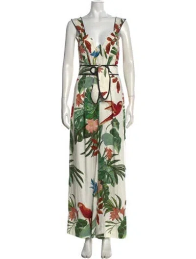 Pre-owned Farm Rio Floral Print V-neck Jumpsuit W/ Tags In Green