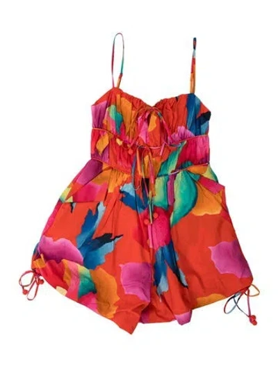 Pre-owned Farm Rio Floral Print V-neck Jumpsuit W/ Tags In Orange