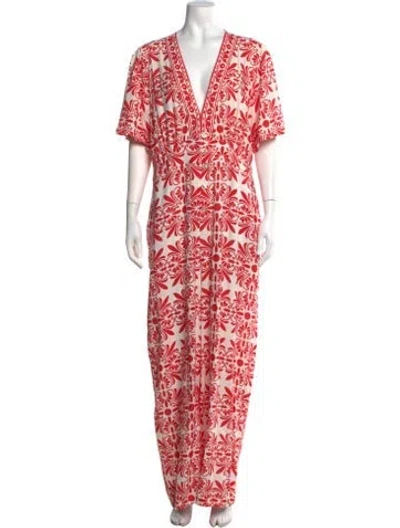 Pre-owned Farm Rio Floral Print V-neck Jumpsuit W/ Tags In Red/white