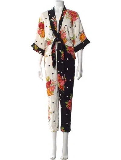 Pre-owned Farm Rio Floral Print V-neck Jumpsuit In White