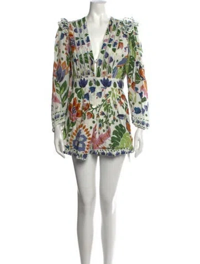 Pre-owned Farm Rio Floral Print V-neck Jumpsuit In White