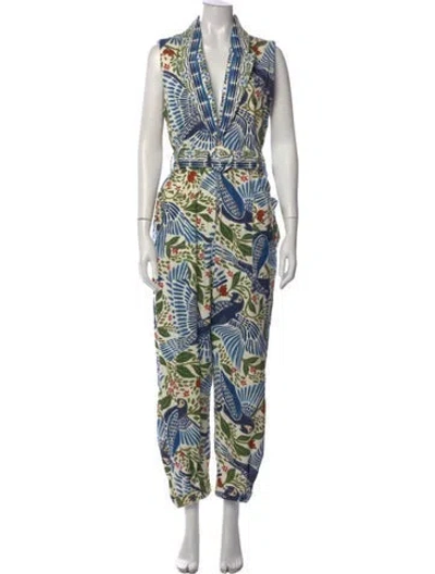 Pre-owned Farm Rio Floral Print V-neck Jumpsuit In White