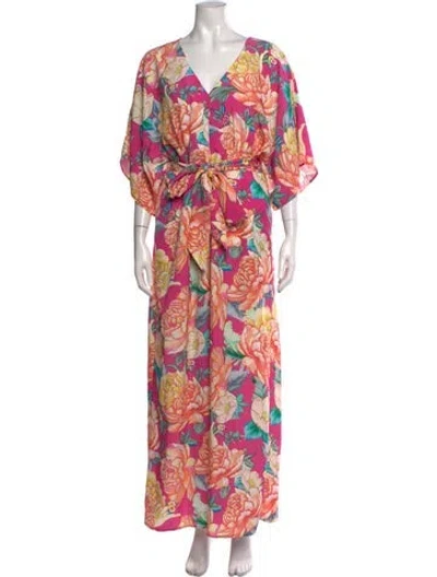 Pre-owned Farm Rio Floral Print V-neck Jumpsuit In Yellow