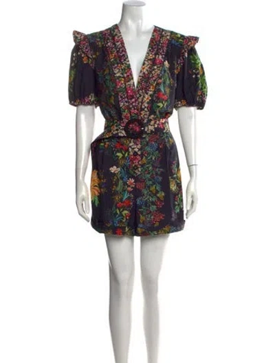 Pre-owned Farm Rio Floral Print V-neck Romper In Black