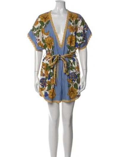 Pre-owned Farm Rio Floral Print V-neck Romper In Blue