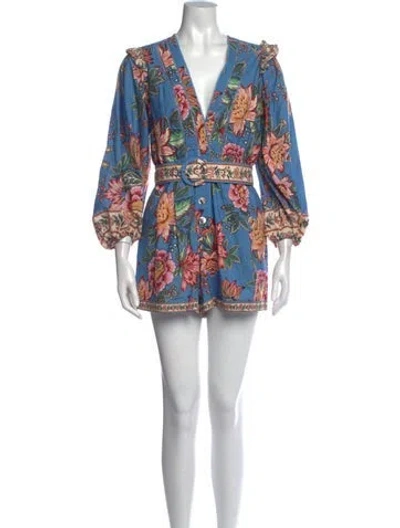Pre-owned Farm Rio Floral Print V-neck Romper In Blue