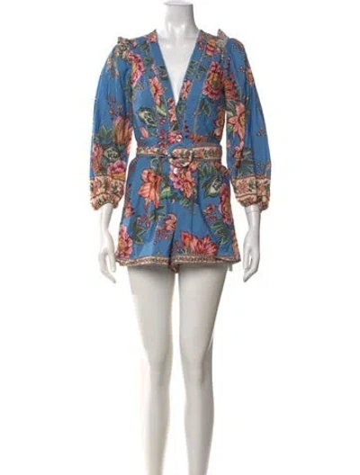 Pre-owned Farm Rio Floral Print V-neck Romper In Blue