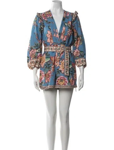 Pre-owned Farm Rio Floral Print V-neck Romper In Blue