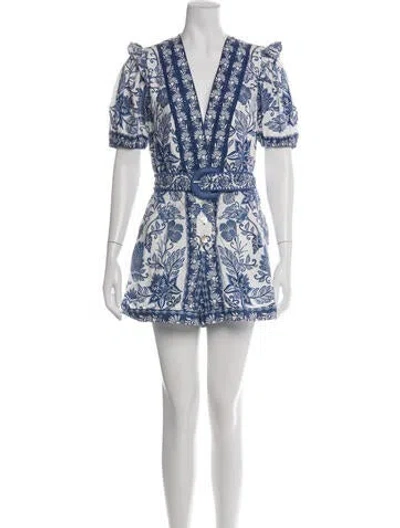 Pre-owned Farm Rio Floral Print V-neck Romper In Blue