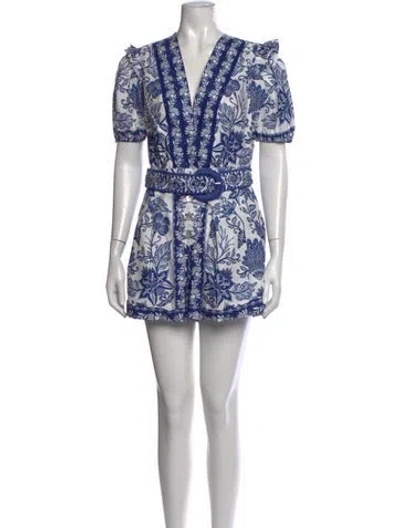 Pre-owned Farm Rio Floral Print V-neck Romper In Blue/neutrals