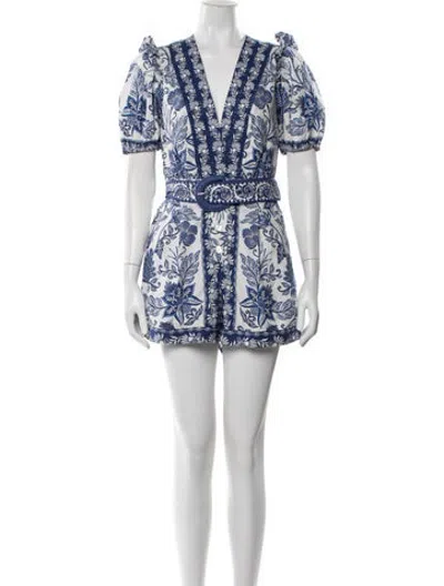 Pre-owned Farm Rio Floral Print V-neck Romper In Blue/white