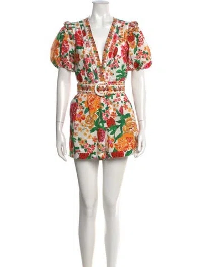 Pre-owned Farm Rio Floral Print V-neck Romper In Green