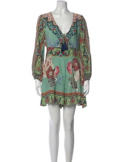 Pre-owned Farm Rio Floral Print V-neck Romper In Green