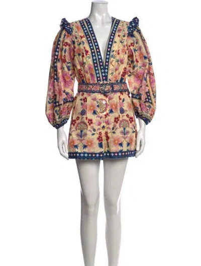 Pre-owned Farm Rio Floral Print V-neck Romper In Green