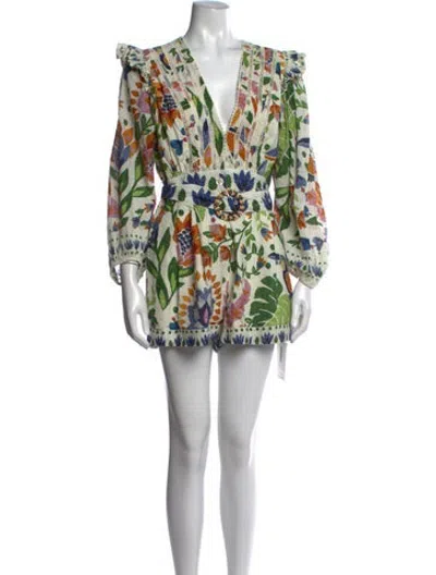 Pre-owned Farm Rio Floral Print V-neck Romper In Green