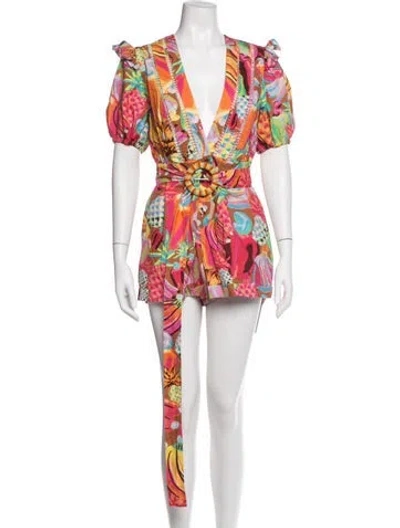 Pre-owned Farm Rio Floral Print V-neck Romper In Multi