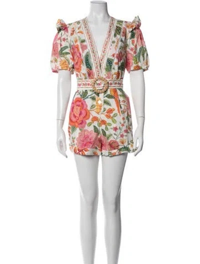 Pre-owned Farm Rio Floral Print V-neck Romper In Multicolor