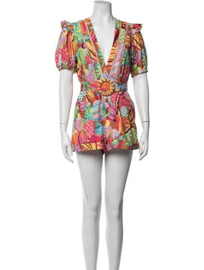 Pre-owned Farm Rio Floral Print V-neck Romper In Multicolor