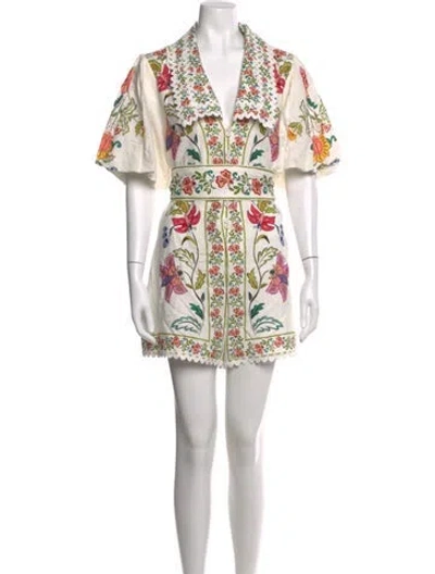 Pre-owned Farm Rio Floral Print V-neck Romper In Neutral
