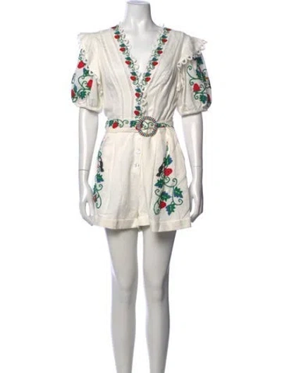 Pre-owned Farm Rio Floral Print V-neck Romper In Neutral