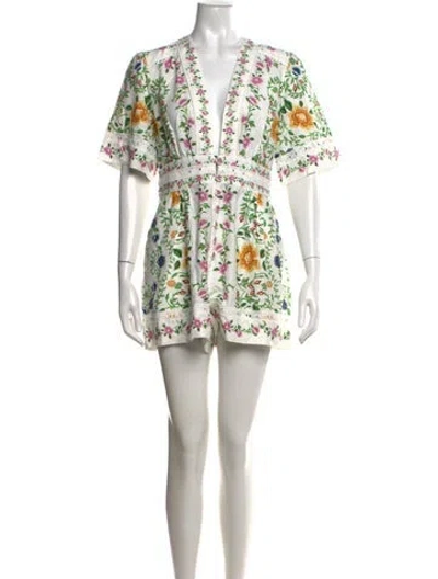 Pre-owned Farm Rio Floral Print V-neck Romper In Neutrals