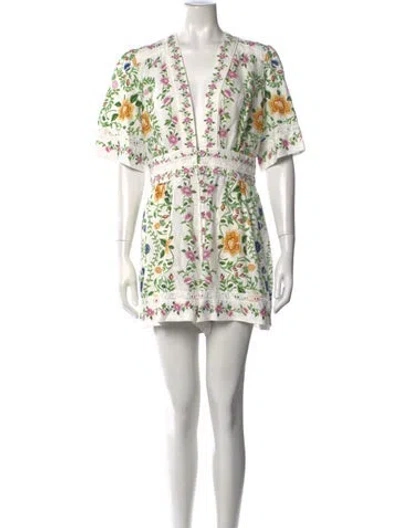 Pre-owned Farm Rio Floral Print V-neck Romper In Neutrals