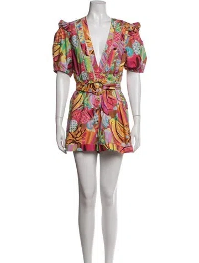 Pre-owned Farm Rio Floral Print V-neck Romper In Orange/pink
