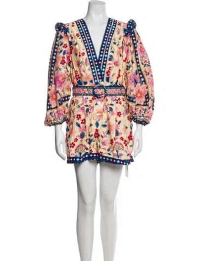 Pre-owned Farm Rio Floral Print V-neck Romper In Pink