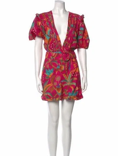 Pre-owned Farm Rio Floral Print V-neck Romper In Pink