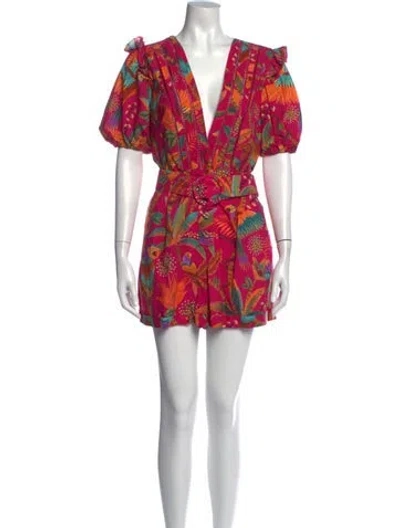 Pre-owned Farm Rio Floral Print V-neck Romper In Pink