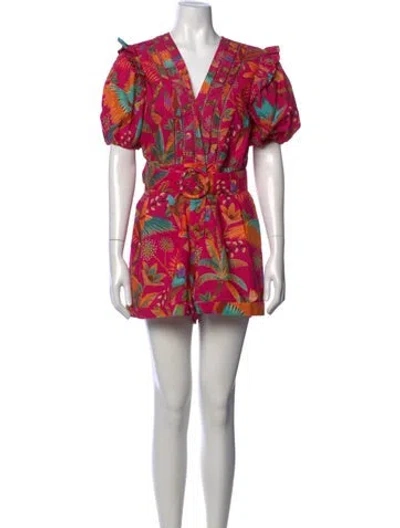Pre-owned Farm Rio Floral Print V-neck Romper In Pink