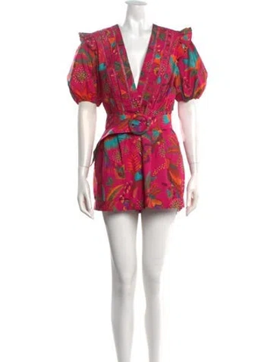 Pre-owned Farm Rio Floral Print V-neck Romper In Pink