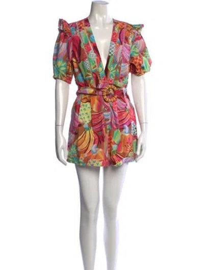 Pre-owned Farm Rio Floral Print V-neck Romper In Pink