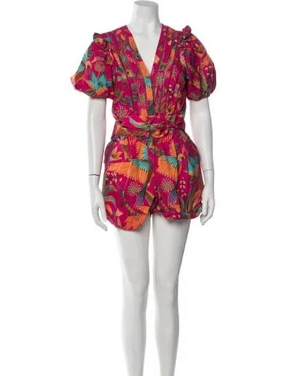 Pre-owned Farm Rio Floral Print V-neck Romper In Pink
