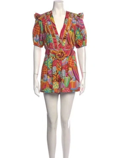 Pre-owned Farm Rio Floral Print V-neck Romper In Pink