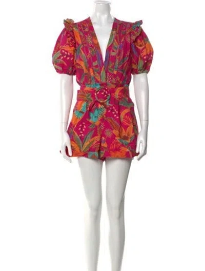 Pre-owned Farm Rio Floral Print V-neck Romper In Purple