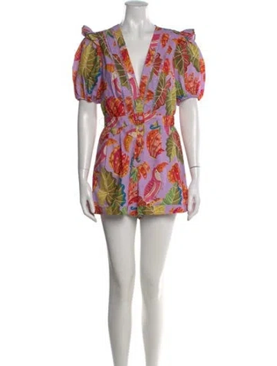Pre-owned Farm Rio Floral Print V-neck Romper In Purple