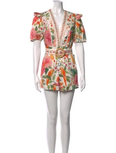 Pre-owned Farm Rio Floral Print V-neck Romper In Purple