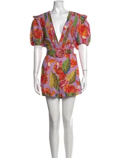 Pre-owned Farm Rio Floral Print V-neck Romper In Purple