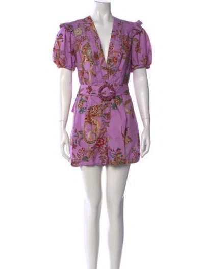 Pre-owned Farm Rio Floral Print V-neck Romper In Purple