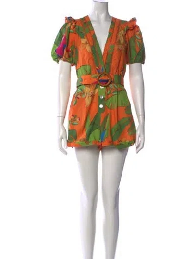 Pre-owned Farm Rio Floral Print V-neck Romper In Purple