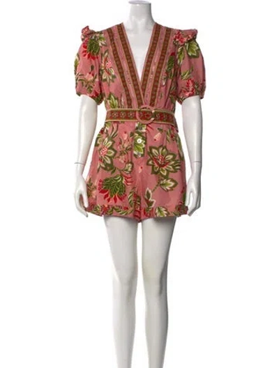 Pre-owned Farm Rio Floral Print V-neck Romper In Purple