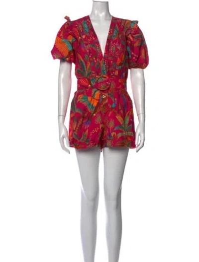 Pre-owned Farm Rio Floral Print V-neck Romper In Purple