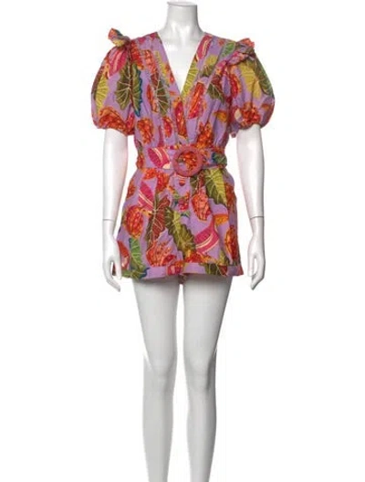 Pre-owned Farm Rio Floral Print V-neck Romper In Purple
