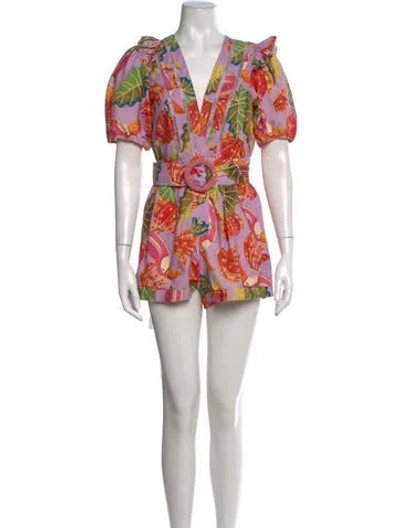 Pre-owned Farm Rio Floral Print V-neck Romper In Purple